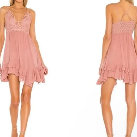 Free People Adella Lace Mini Dress size Large Pink - Picture 2 of 16